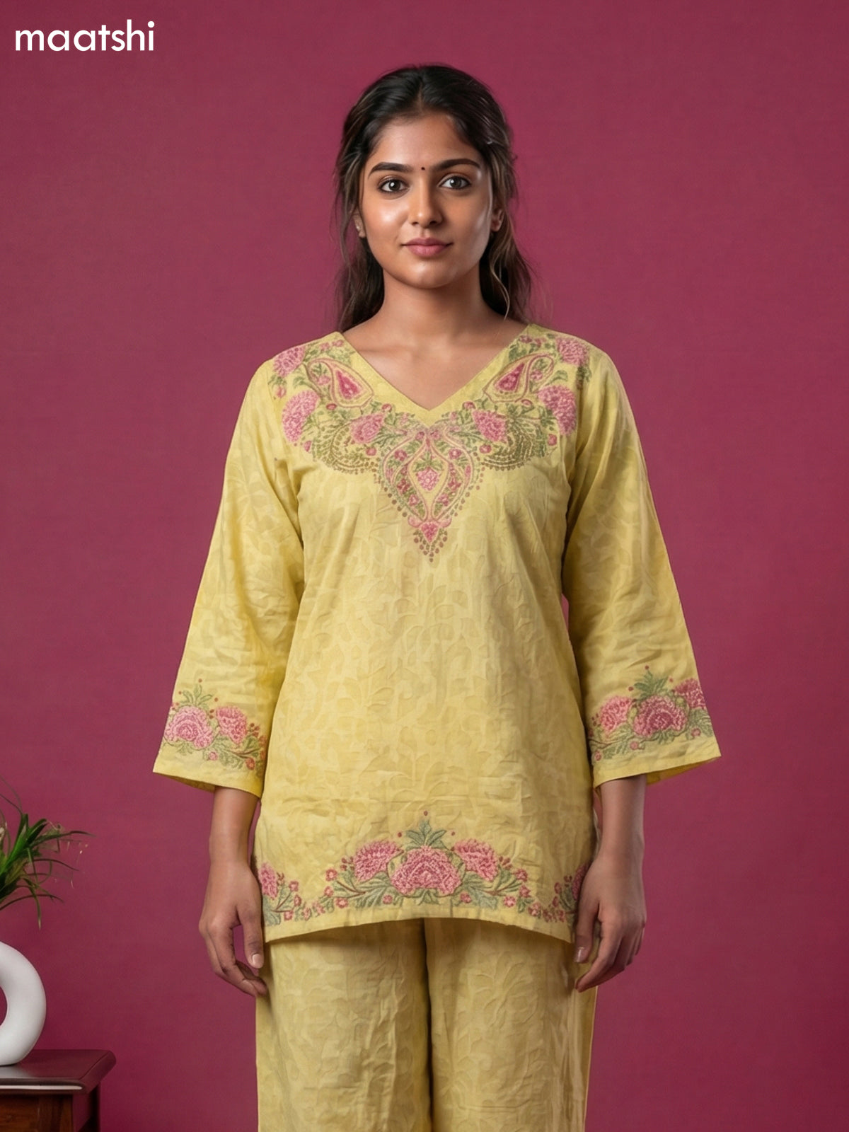 Pale Yellow Cotton Embroidery Work Short Kurti Set