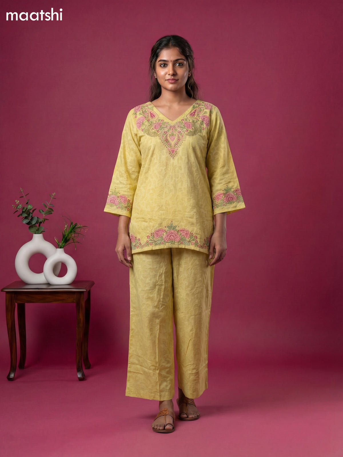 Pale Yellow Cotton Embroidery Work Short Kurti Set
