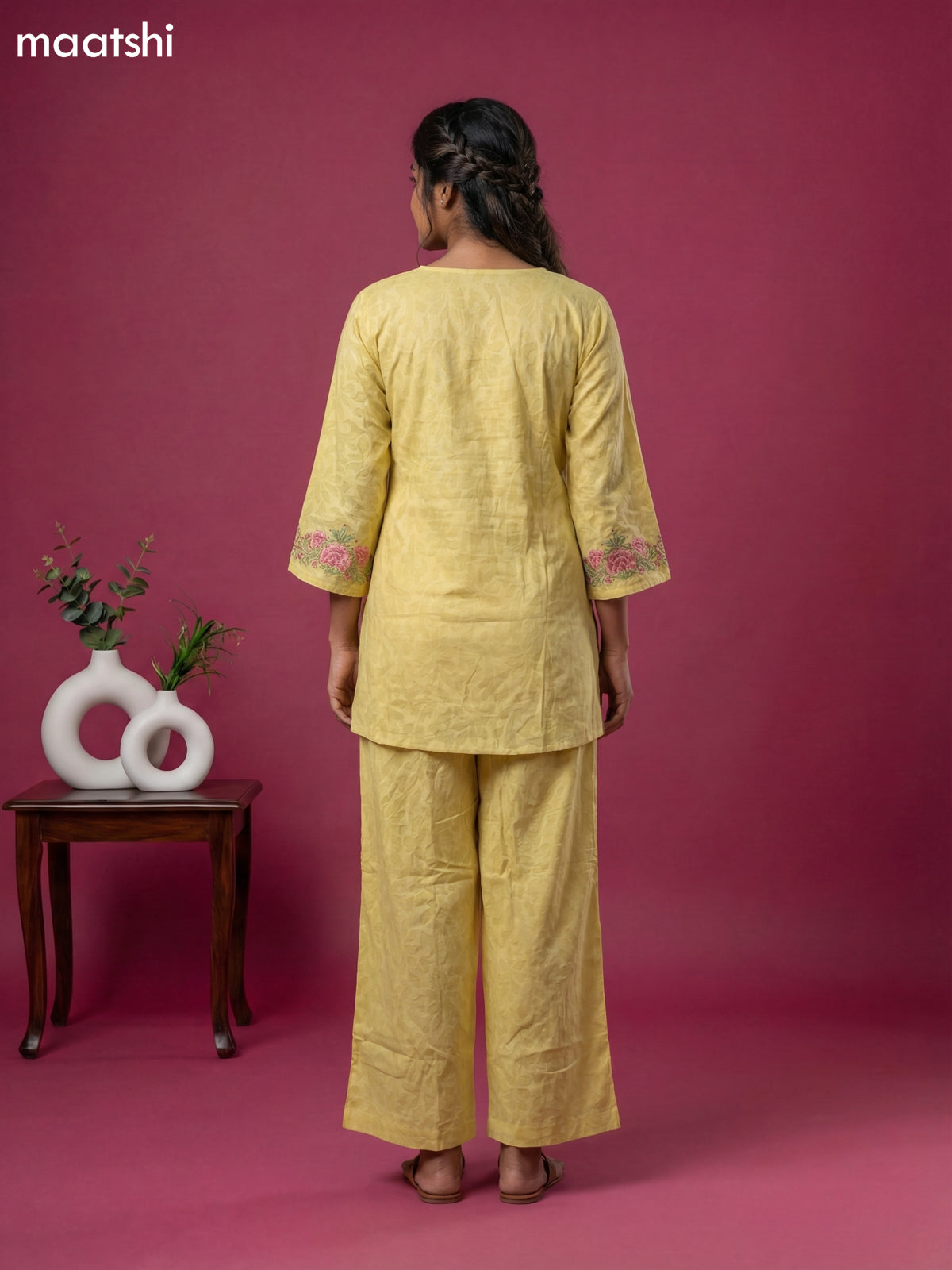 Pale Yellow Cotton Embroidery Work Short Kurti Set