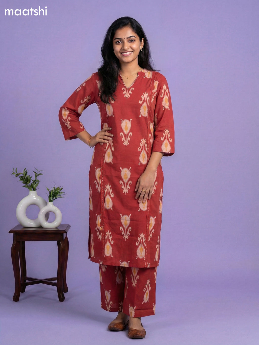 Dark Rust Cotton Ikat Weaves Co-Ord Set