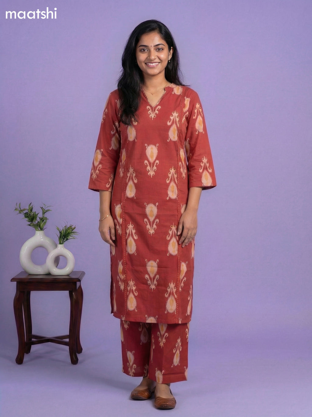 Dark Rust Cotton Ikat Weaves Co-Ord Set