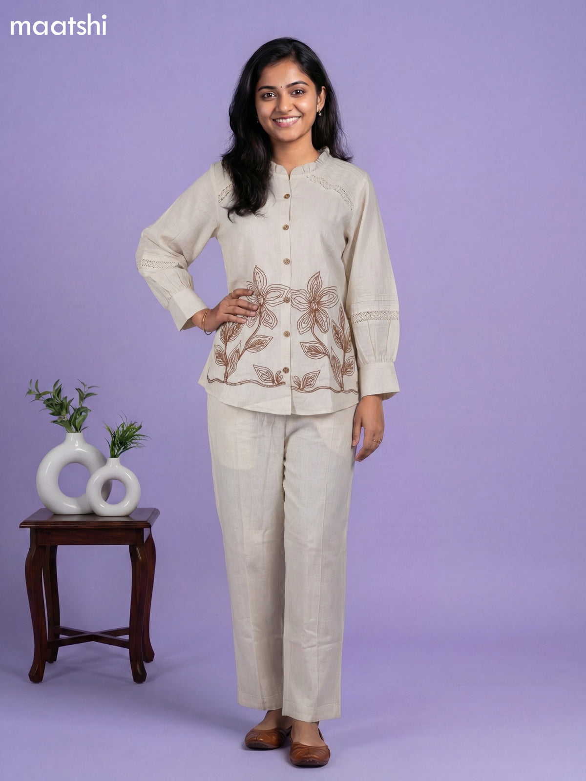 Beige Linen Cotton Embroidery Work Short Kurti Set