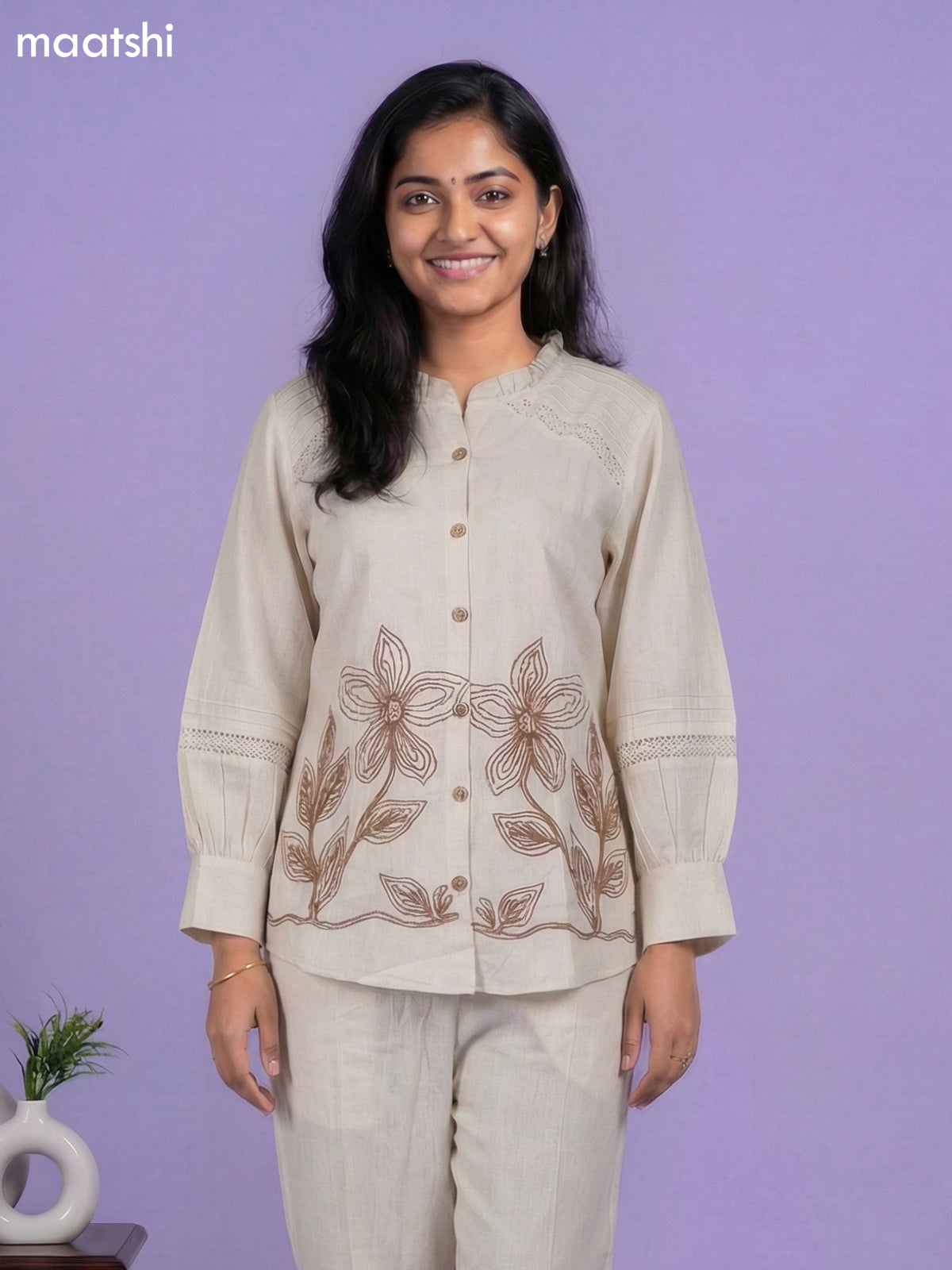 Beige Linen Cotton Embroidery Work Short Kurti Set