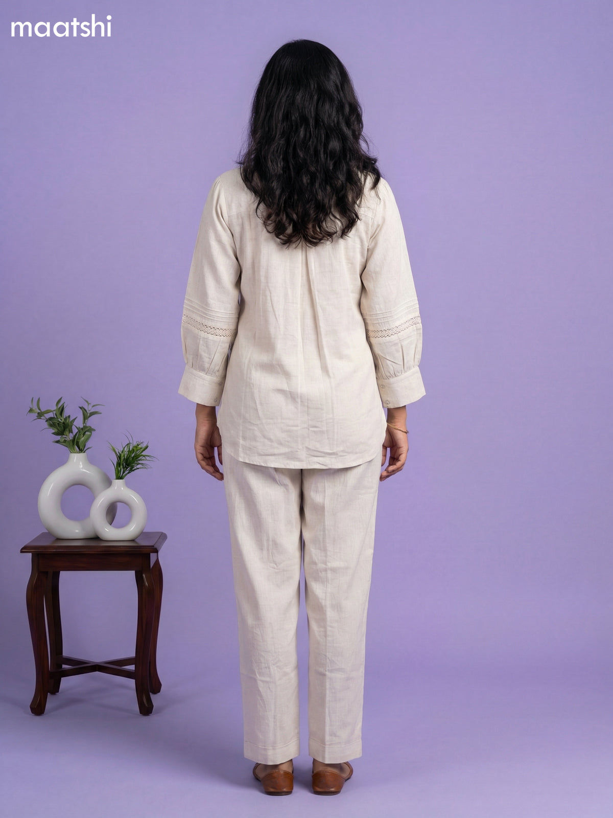 Beige Linen Cotton Embroidery Work Short Kurti Set