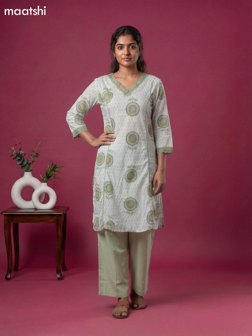 Off White and Pastel Green Cotton Printed & Lace Work Kurti Set