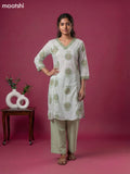 Off White and Pastel Green Cotton Printed & Lace Work Kurti Set