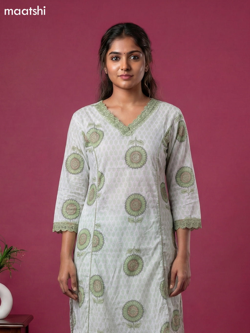 Off White and Pastel Green Cotton Printed & Lace Work Kurti Set