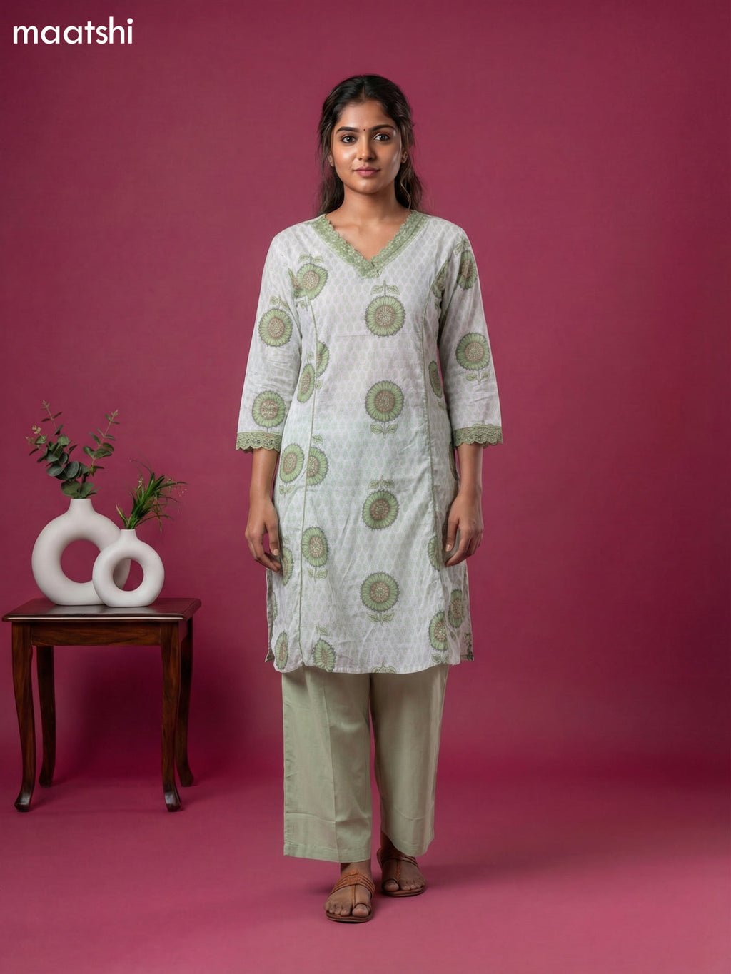 Off White and Pastel Green Cotton Printed & Lace Work Kurti Set