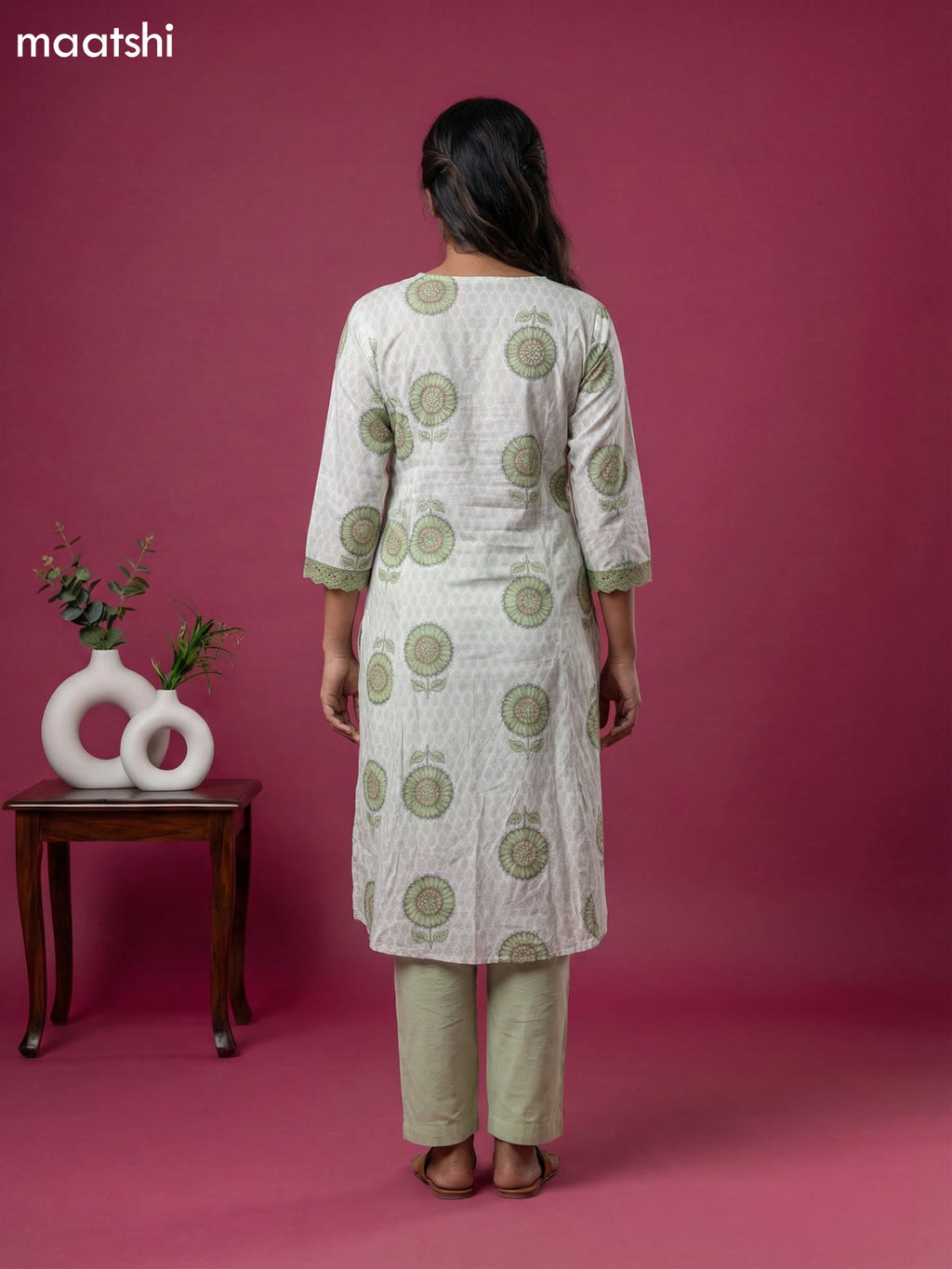 Off White and Pastel Green Cotton Printed & Lace Work Kurti Set