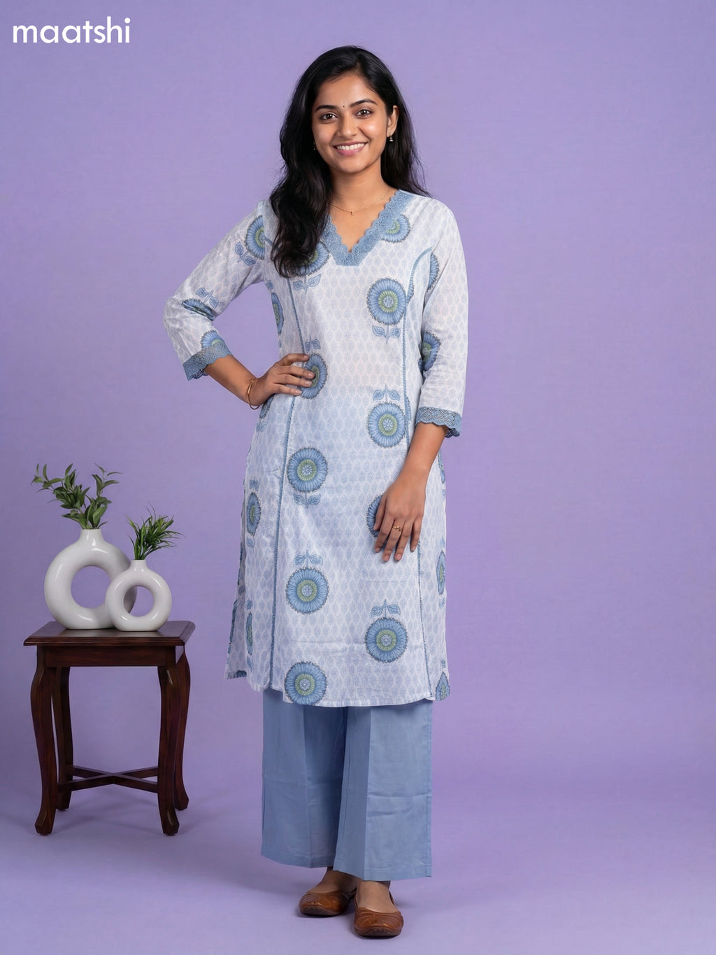 Off White and Pastel Blue Cotton Printed & Lace Work Kurti Set