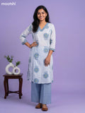 Off White and Pastel Blue Cotton Printed & Lace Work Kurti Set