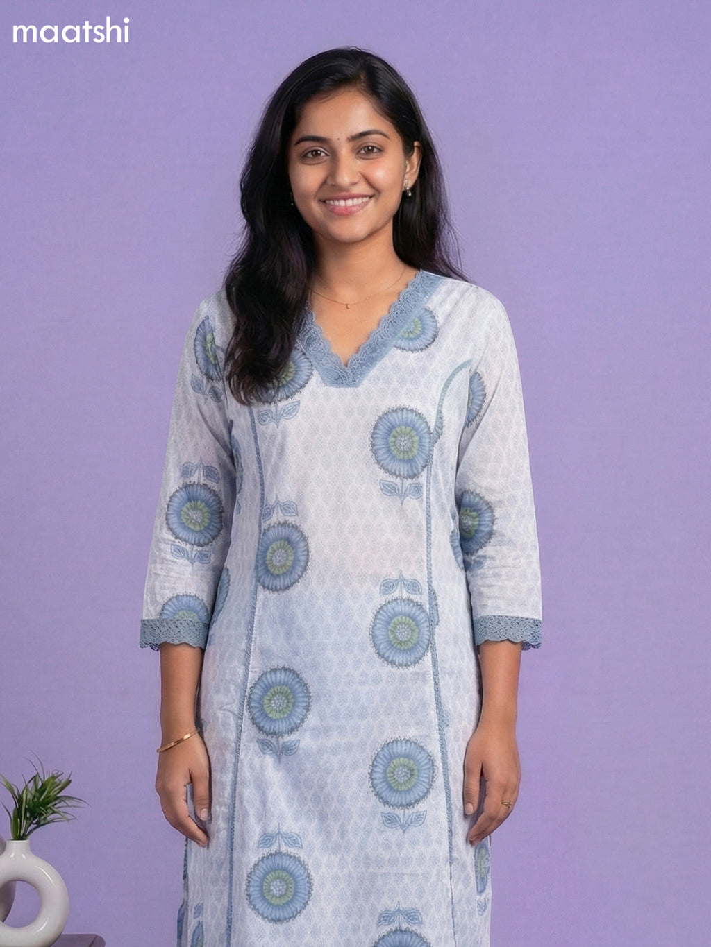 Off White and Pastel Blue Cotton Printed & Lace Work Kurti Set