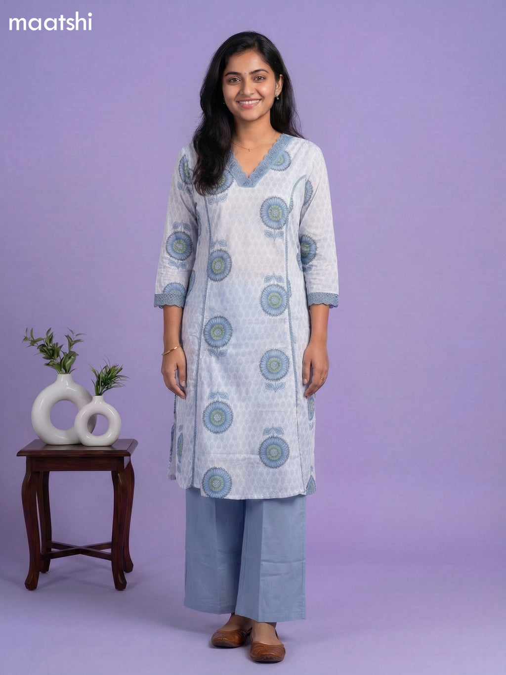 Off White and Pastel Blue Cotton Printed & Lace Work Kurti Set