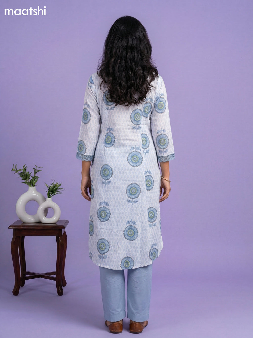 Off White and Pastel Blue Cotton Printed & Lace Work Kurti Set