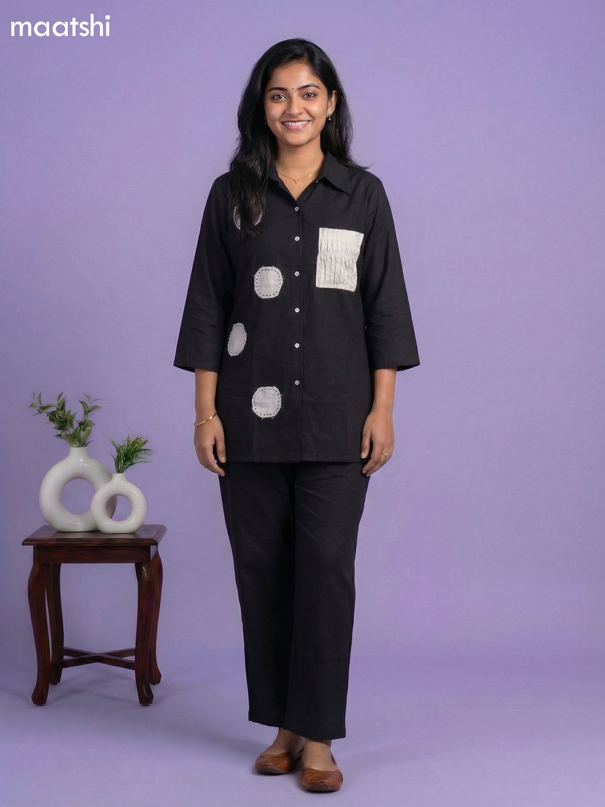 Black Cotton Embroidery Short Work Co-Ord Set