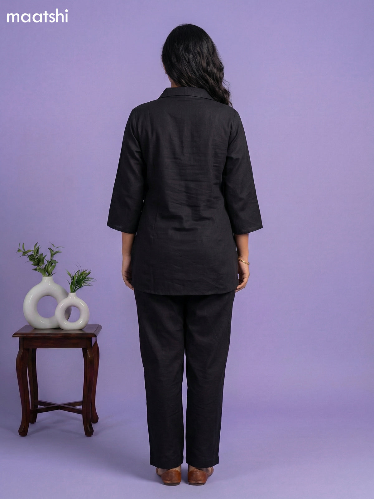 Black Cotton Embroidery Short Work Co-Ord Set