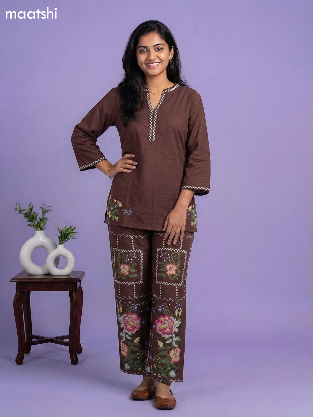 Dark Brown Cotton Embroidery Short Work Co-Ord Set