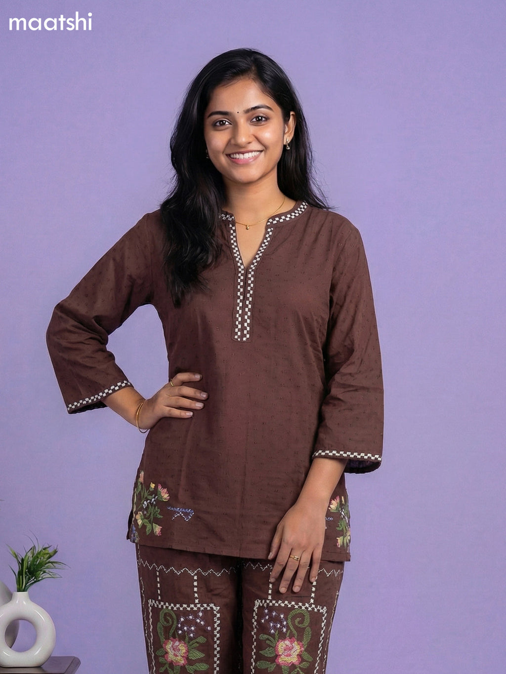 Dark Brown Cotton Embroidery Short Work Co-Ord Set