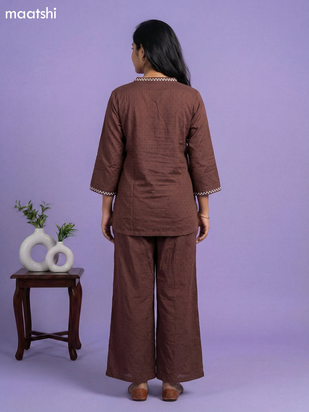 Dark Brown Cotton Embroidery Short Work Co-Ord Set