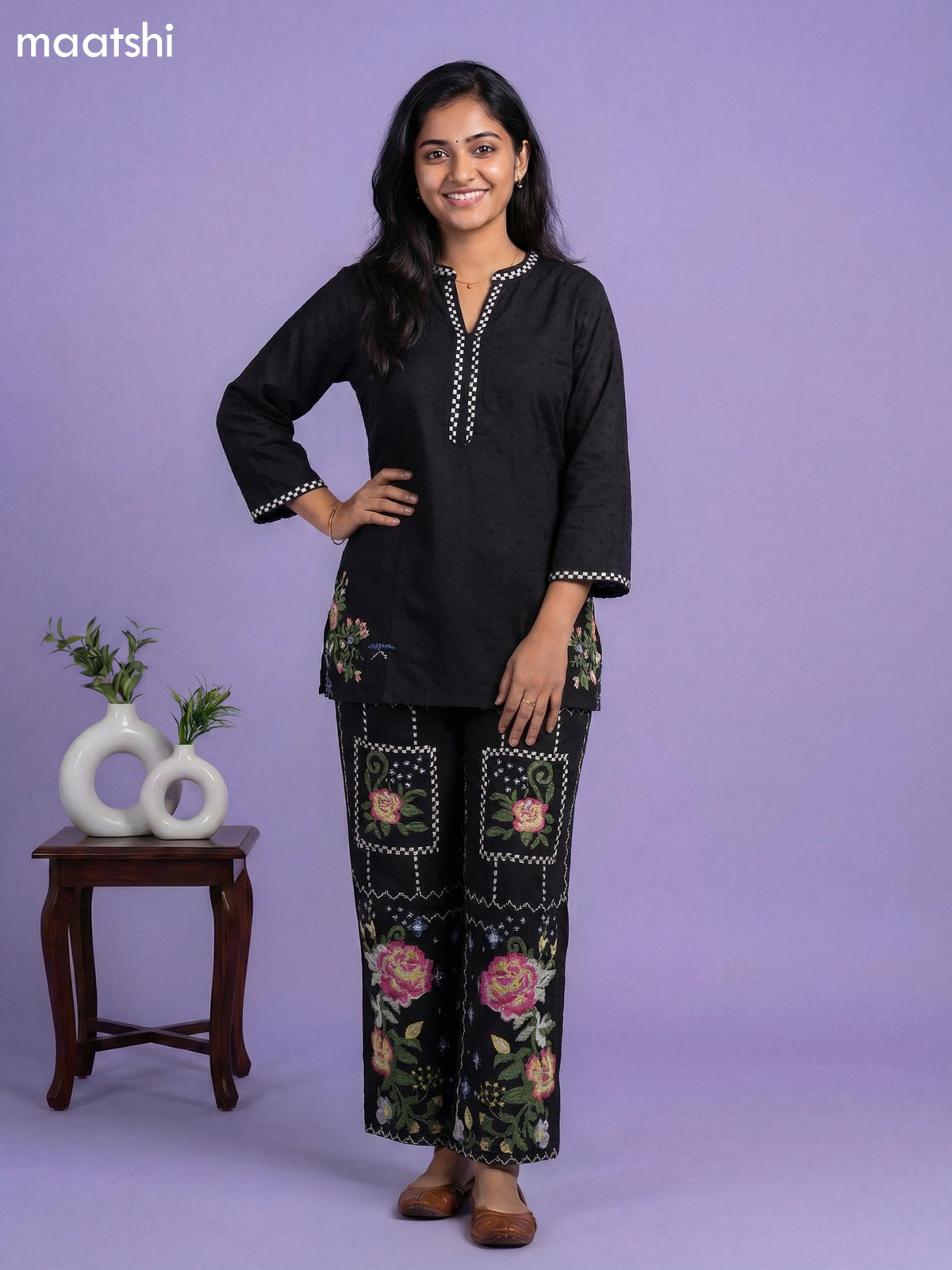 Black Cotton Embroidery Short Work Co-Ord Set