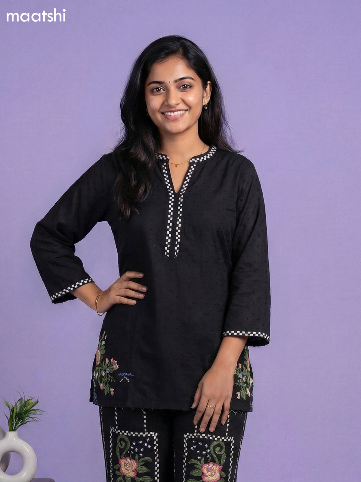 Black Cotton Embroidery Short Work Co-Ord Set