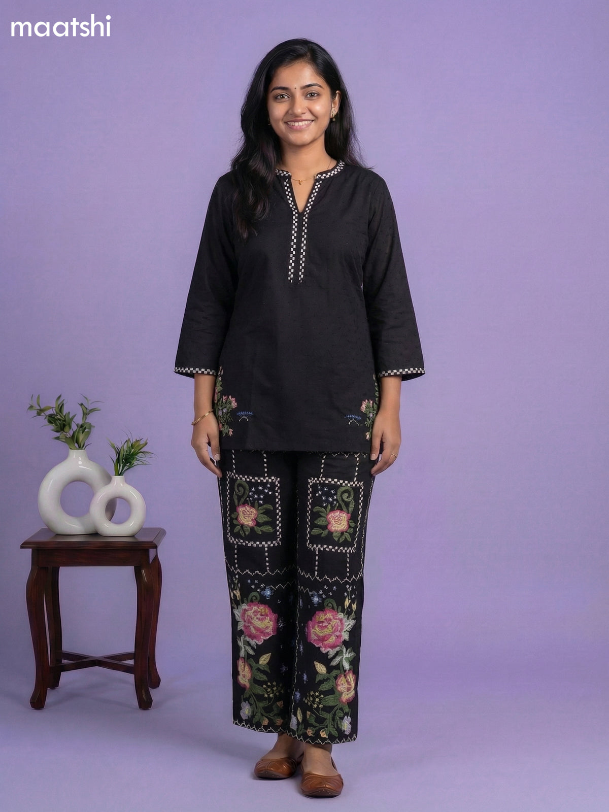 Black Cotton Embroidery Short Work Co-Ord Set
