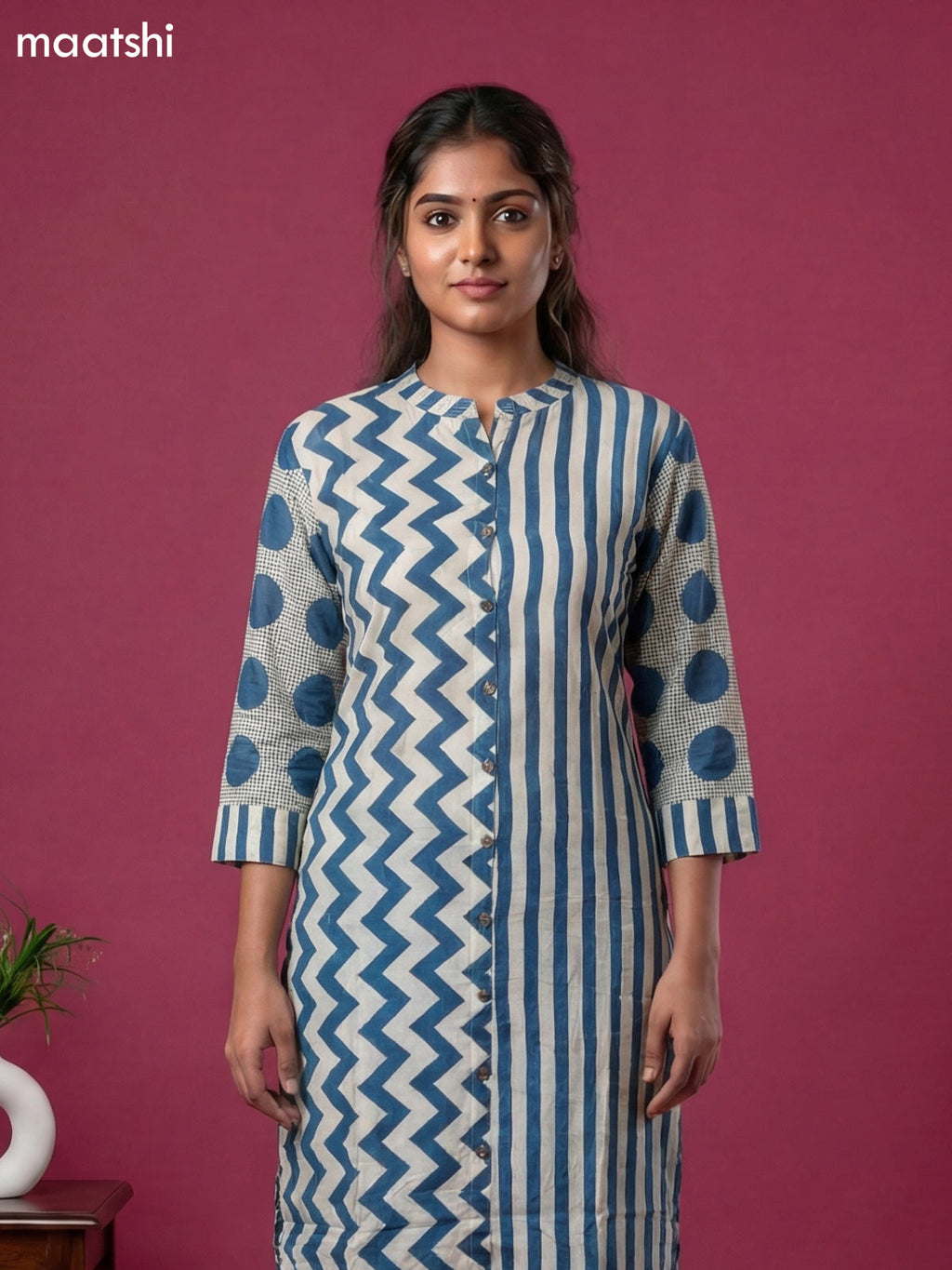 Cream and Blue Muslin Printed Kurti Set