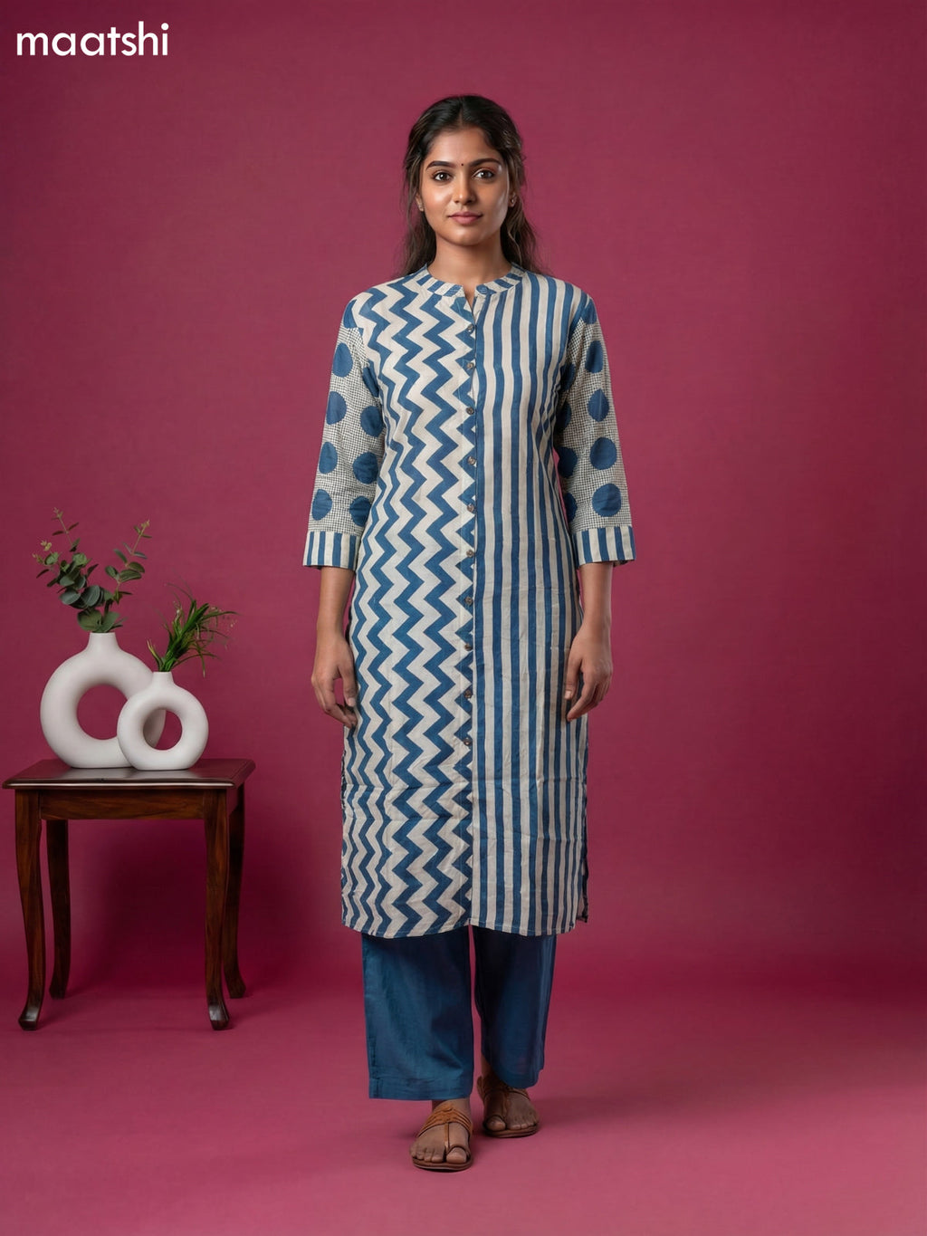 Cream and Blue Muslin Printed Kurti Set