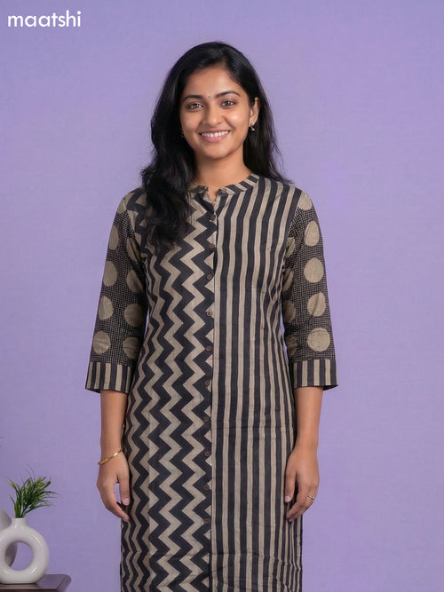 Beige and Black Muslin Printed Kurti Set