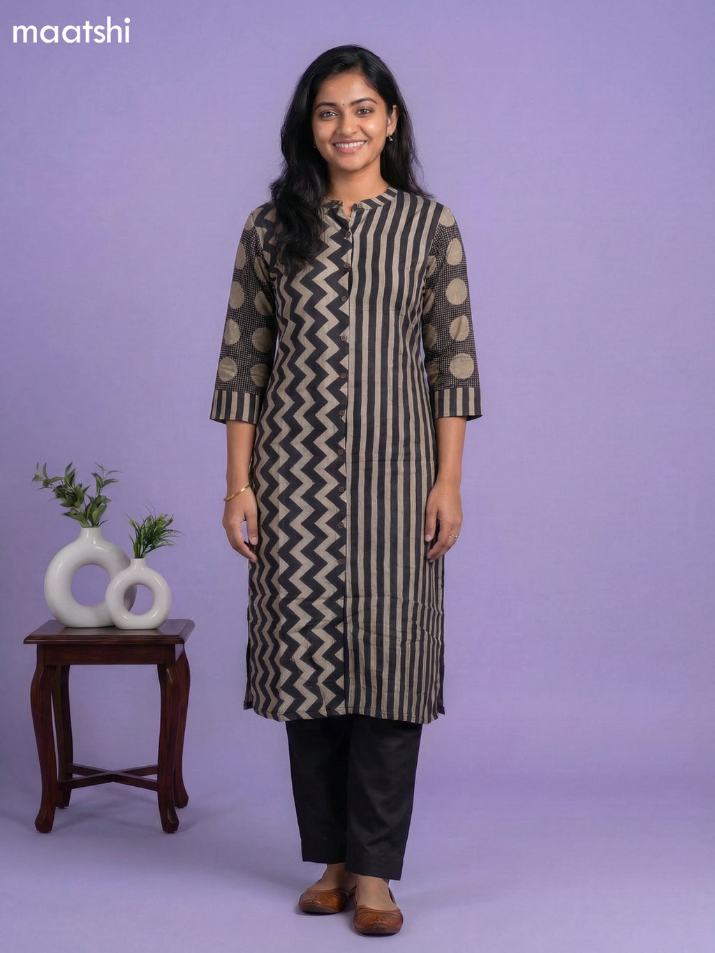 Beige and Black Muslin Printed Kurti Set