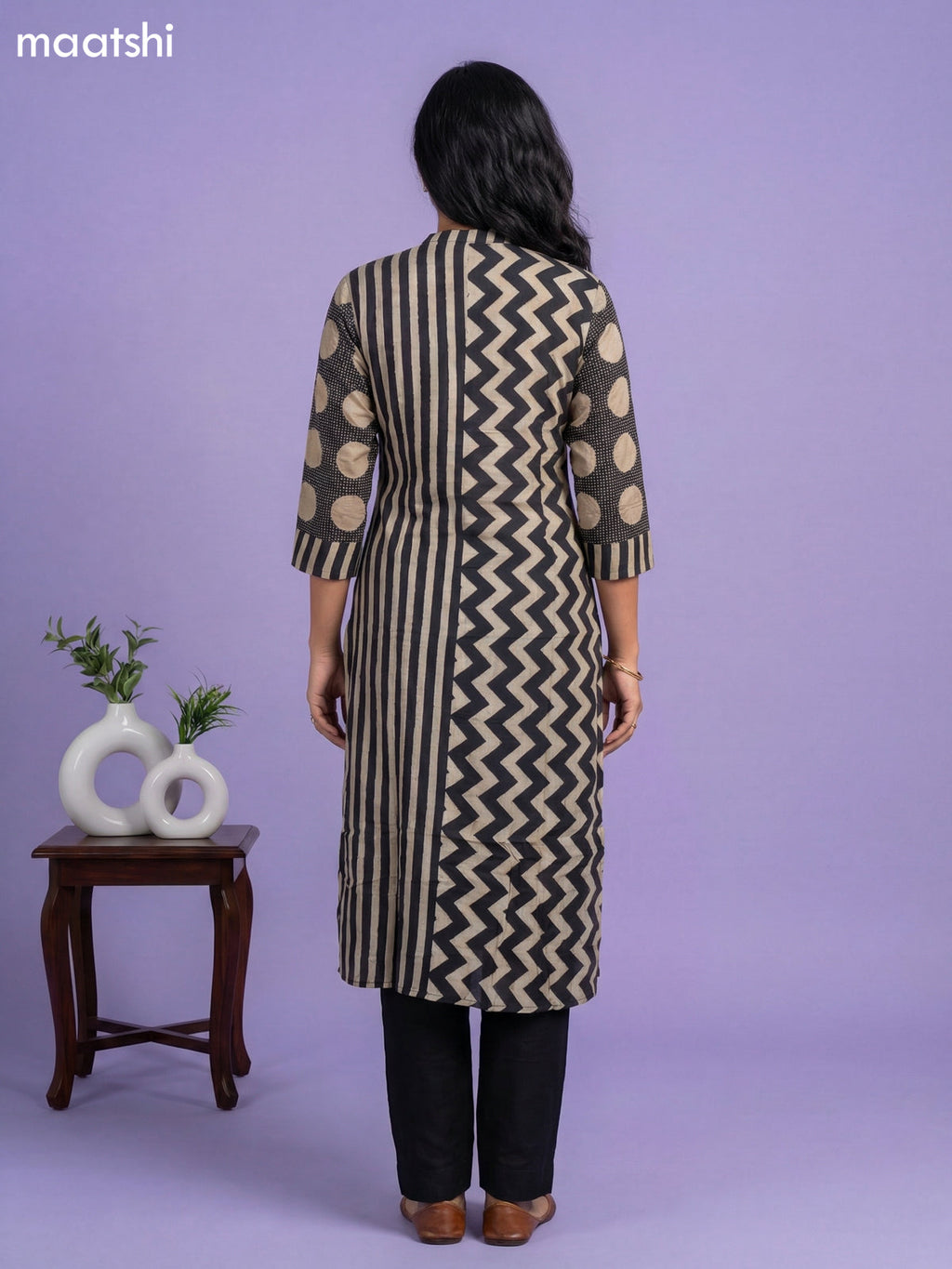 Beige and Black Muslin Printed Kurti Set