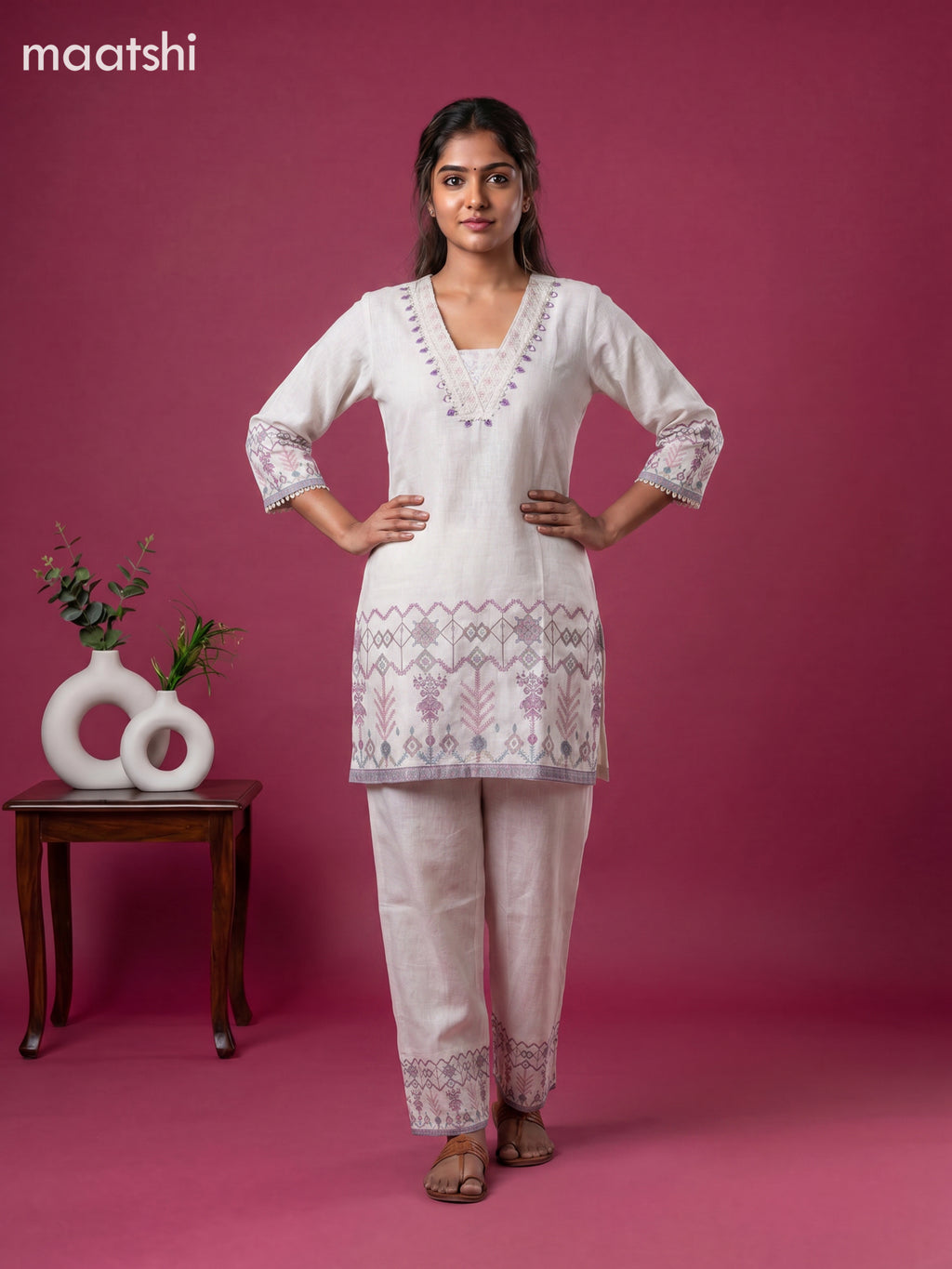 Beige Linen Cotton Printed & Embroidery Work Co-Ord Set