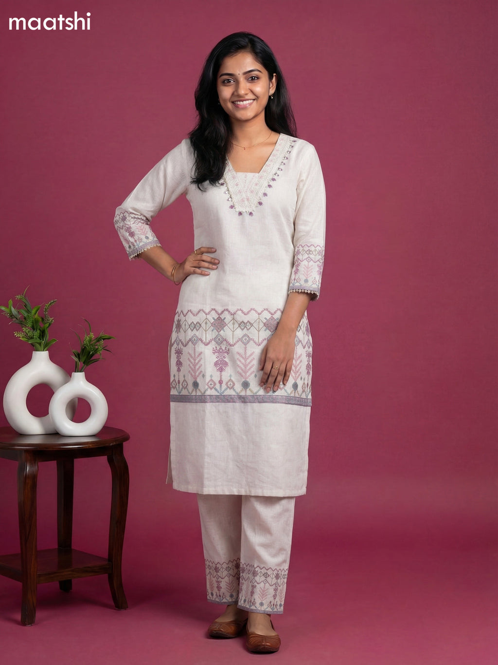 Beige Linen Cotton Printed & Embroidery Work Co-Ord Set