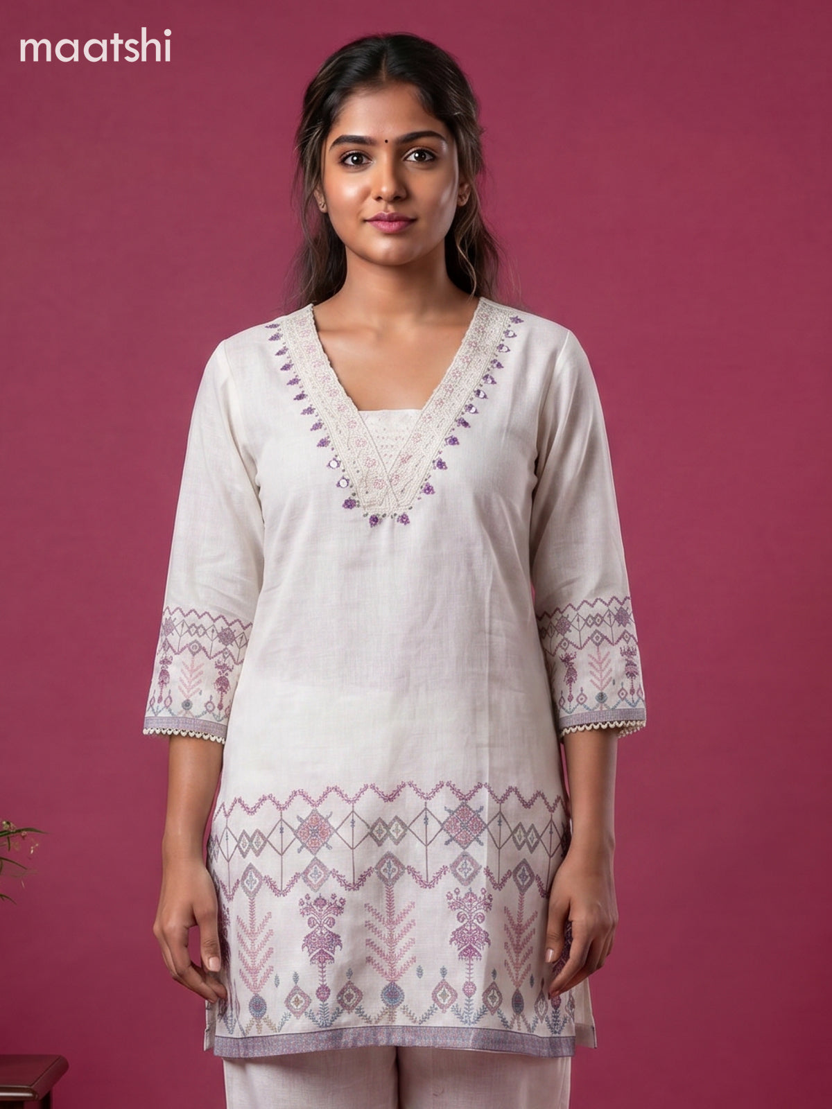 Beige Linen Cotton Printed & Embroidery Work Co-Ord Set
