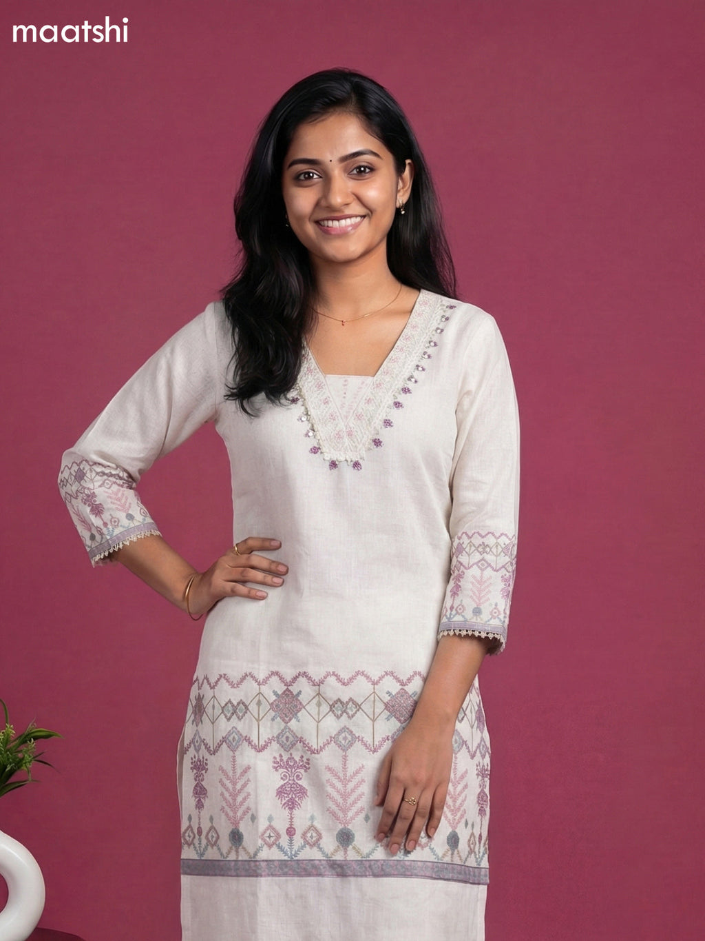 Beige Linen Cotton Printed & Embroidery Work Co-Ord Set