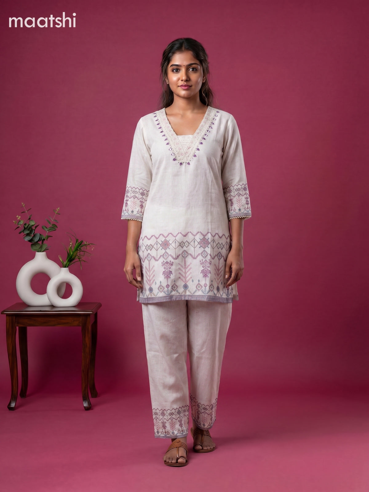 Beige Linen Cotton Printed & Embroidery Work Co-Ord Set