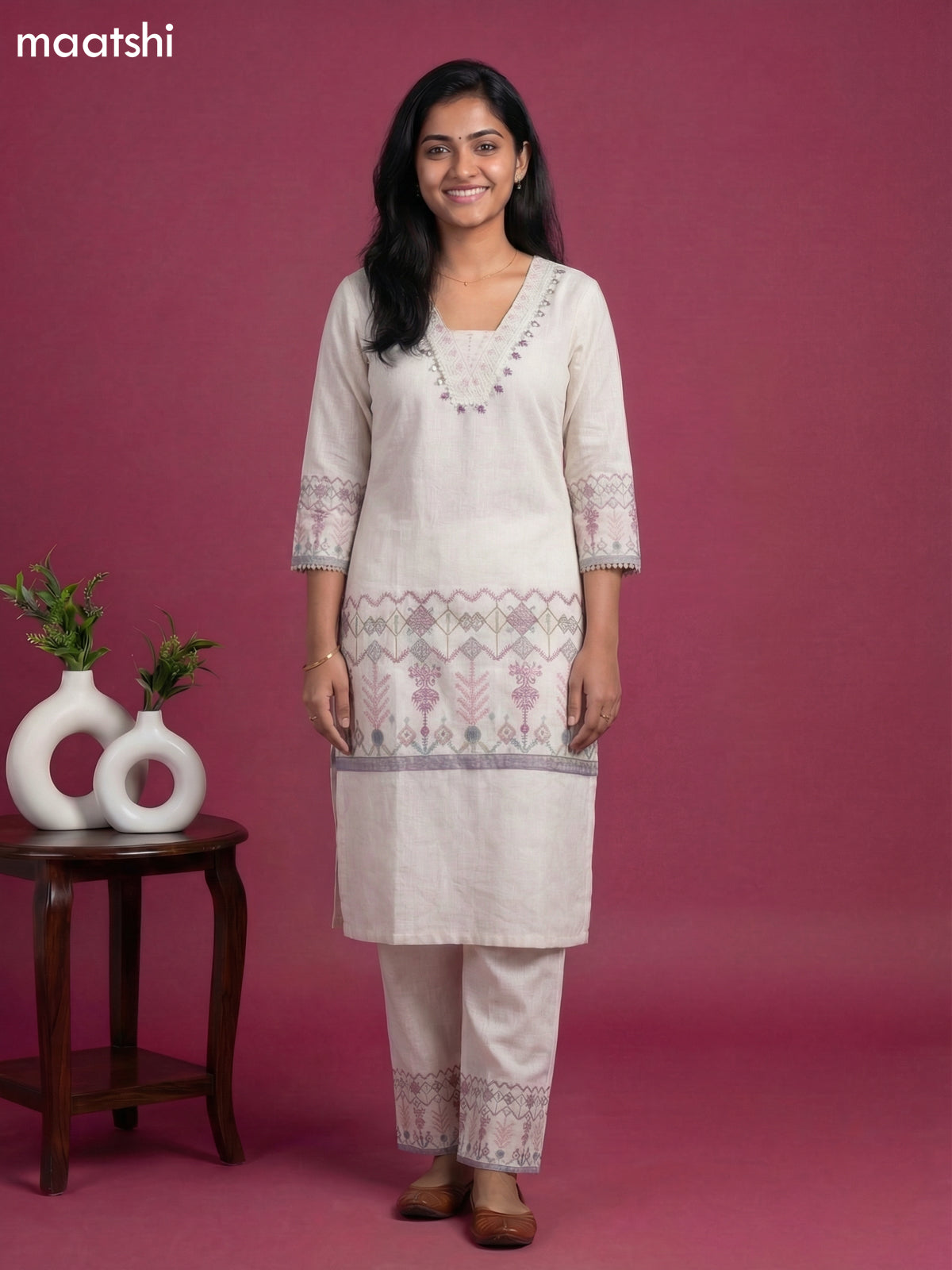 Beige Linen Cotton Printed & Embroidery Work Co-Ord Set