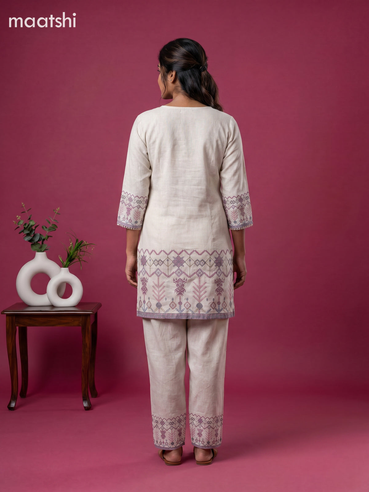 Beige Linen Cotton Printed & Embroidery Work Co-Ord Set