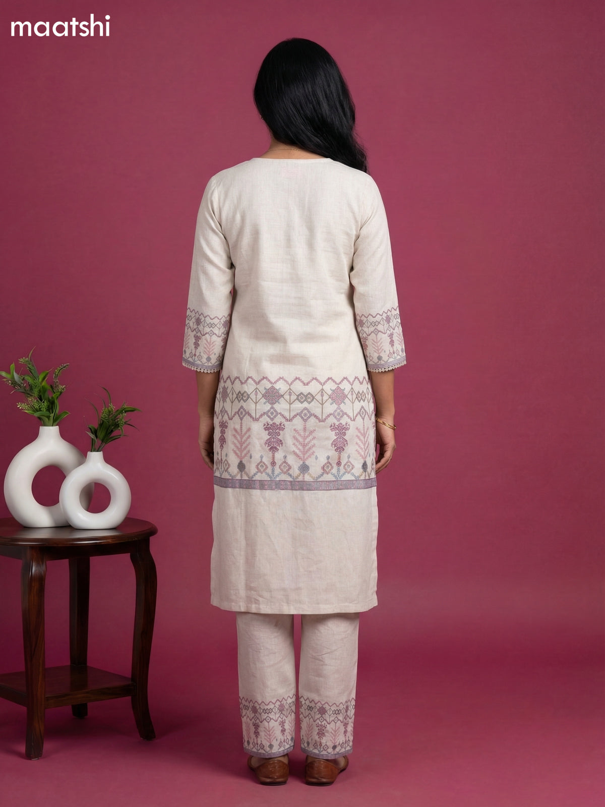 Beige Linen Cotton Printed & Embroidery Work Co-Ord Set