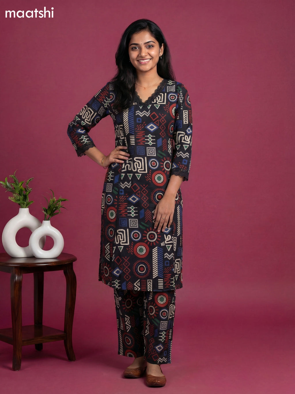 Black Cotton Printed & Lace Work Co-Ord Set