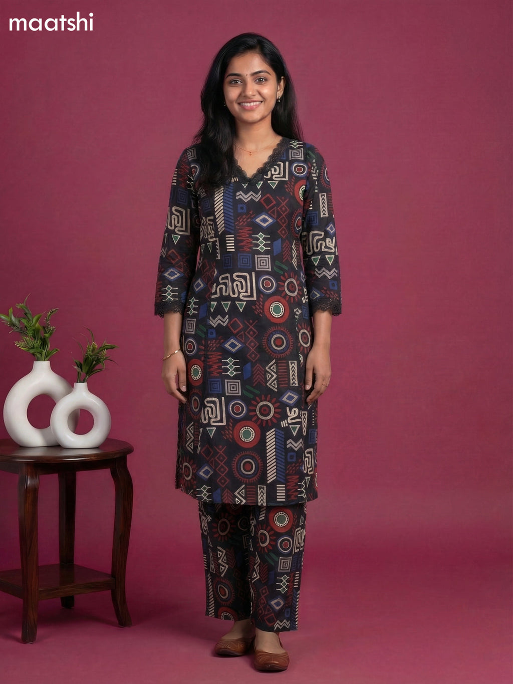 Black Cotton Printed & Lace Work Co-Ord Set