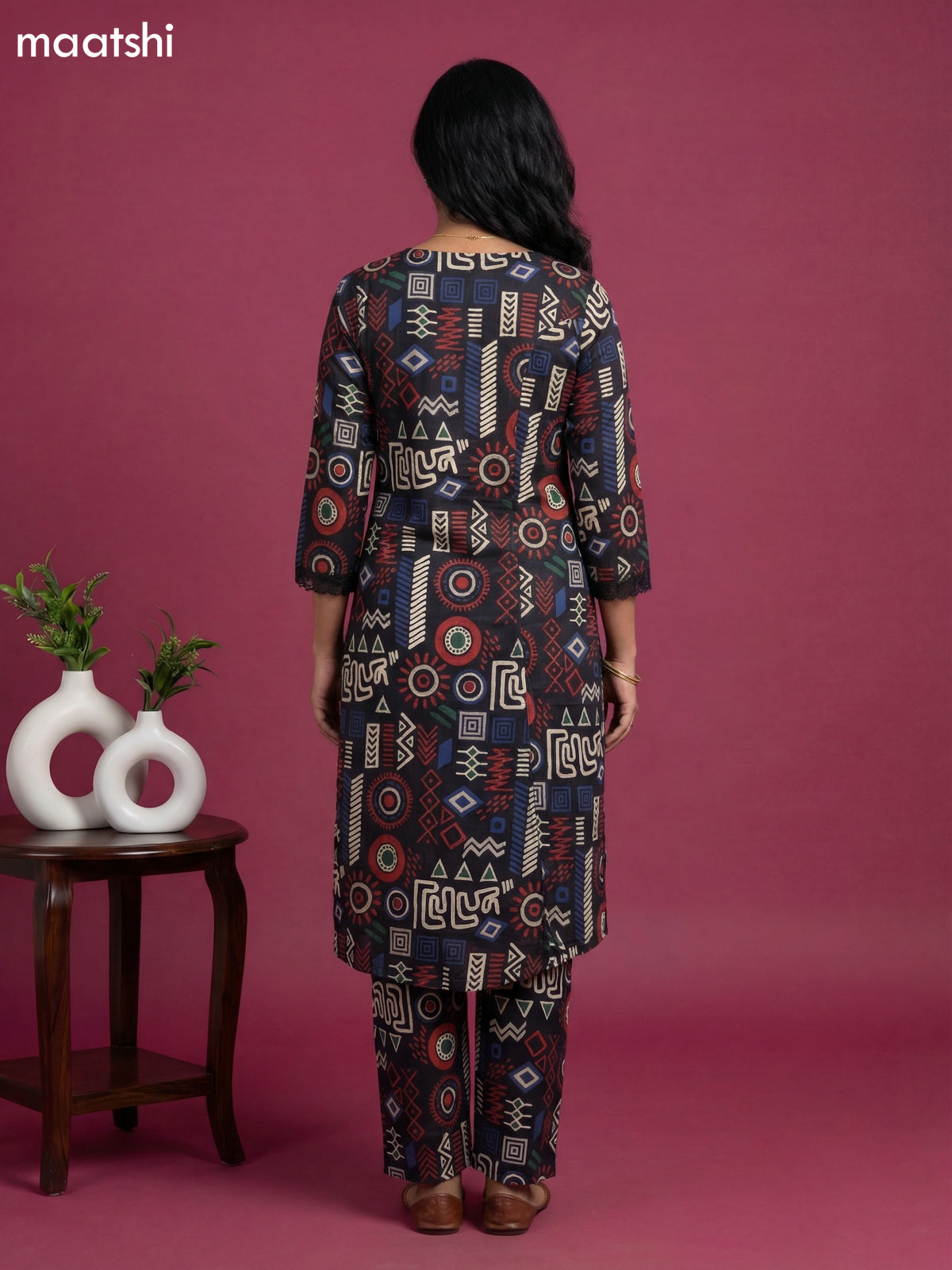 Black Cotton Printed & Lace Work Co-Ord Set