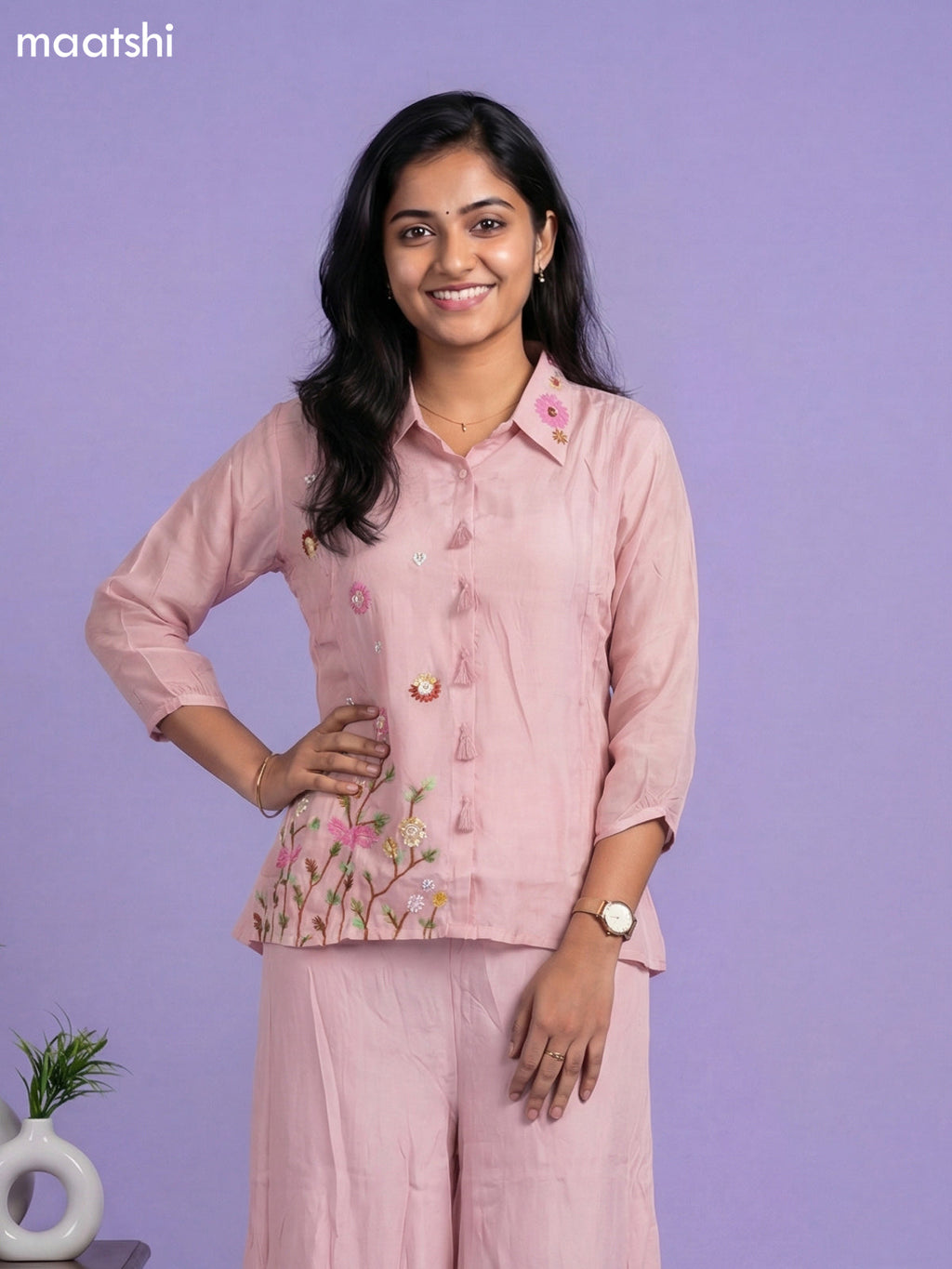 Peach Chanderi Embroidery Work Short Co-Ord Set