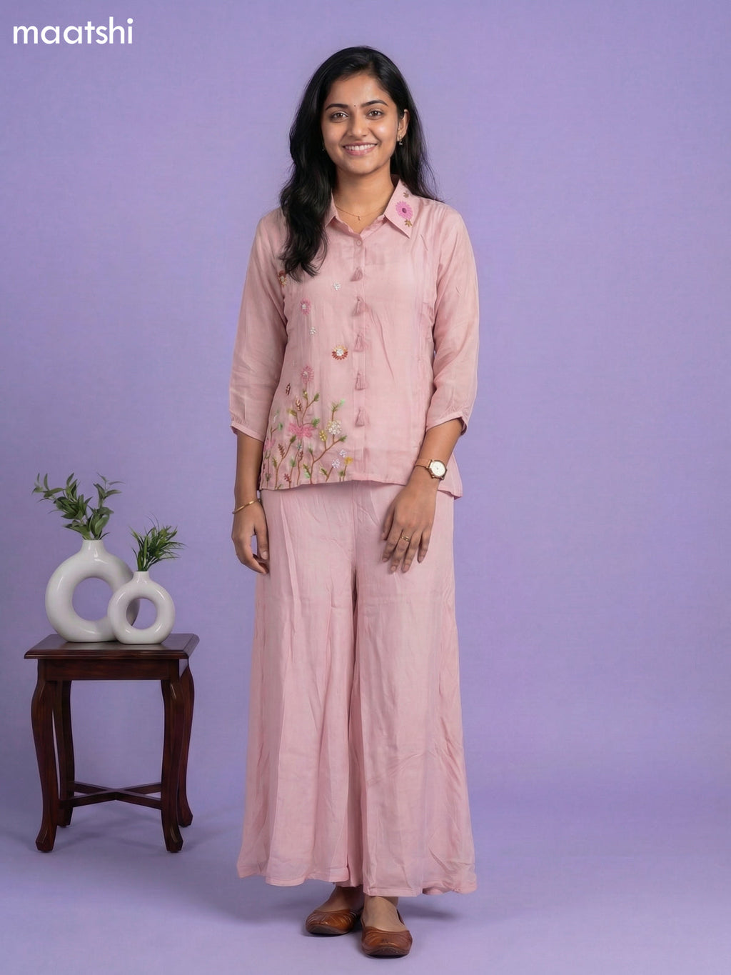 Peach Chanderi Embroidery Work Short Co-Ord Set