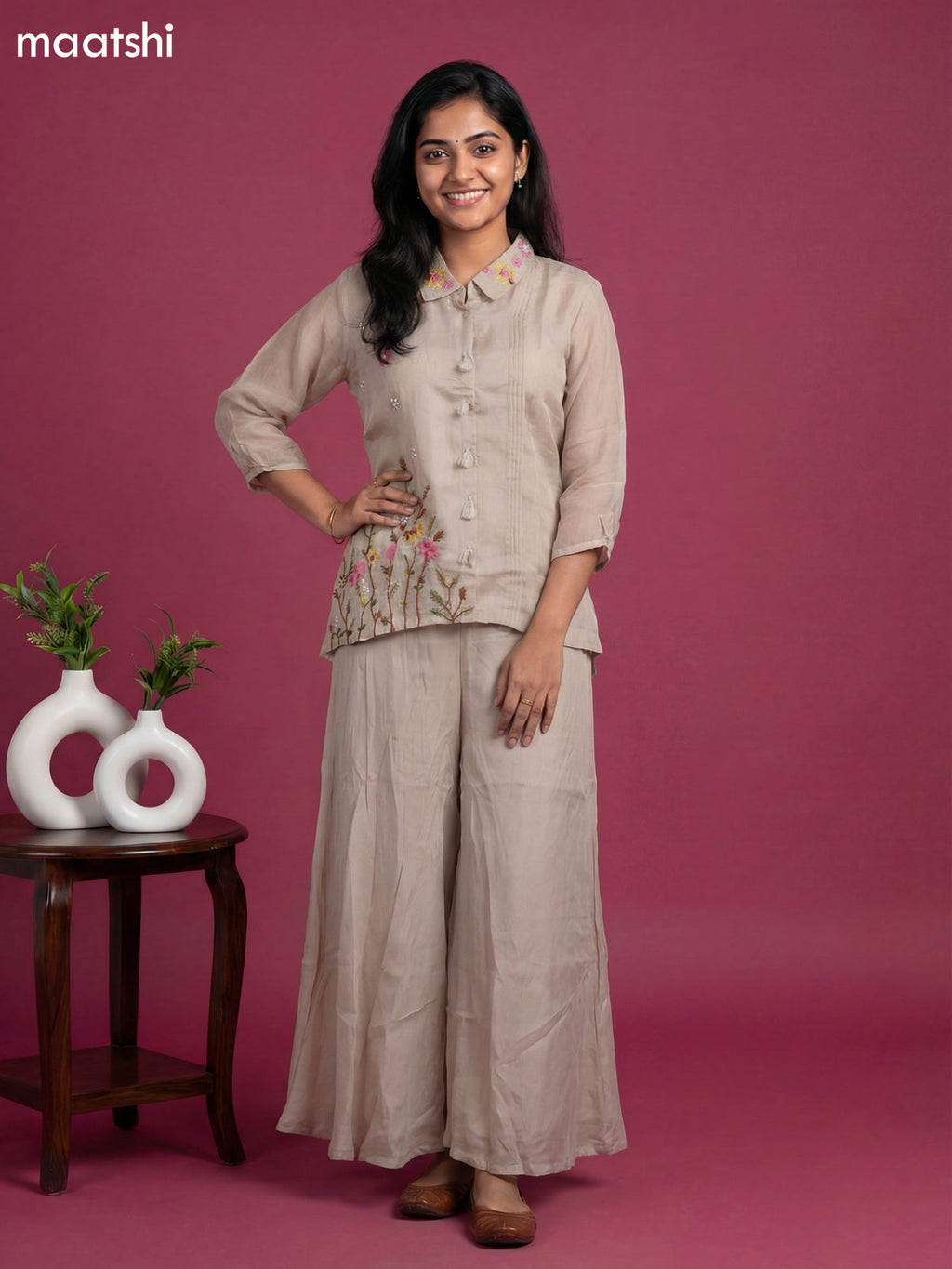 Beige Chanderi Embroidery Work Short Co-Ord Set