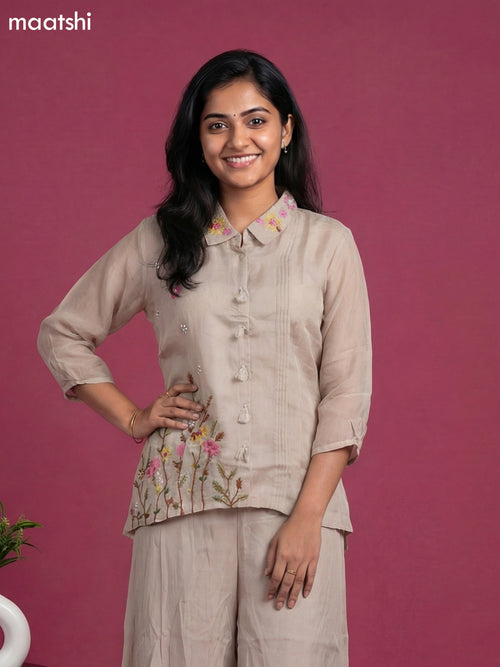 Beige Chanderi Embroidery Work Short Co-Ord Set