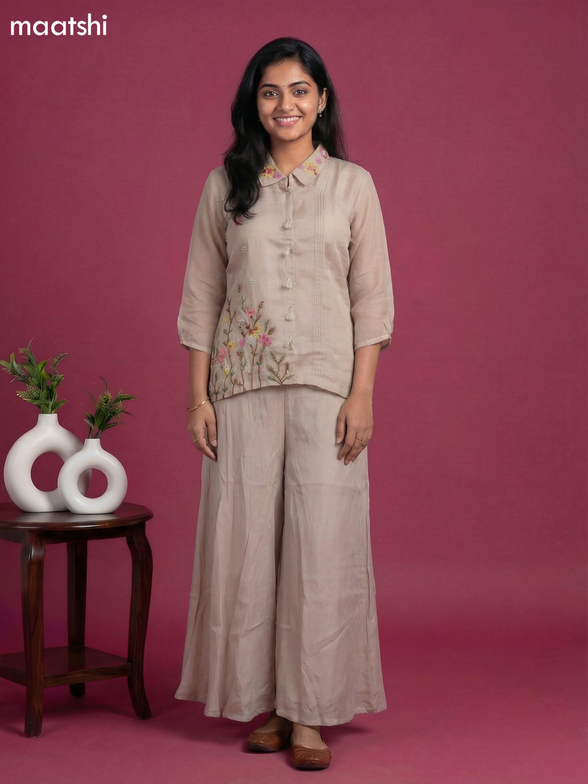 Beige Chanderi Embroidery Work Short Co-Ord Set