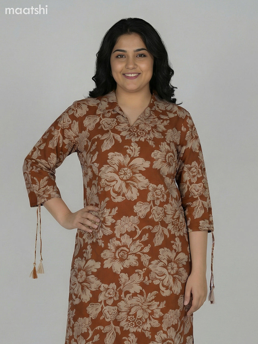 Dark Mustard and Beige Cotton Floral Printed Co-Ord Set Palazzo Pant