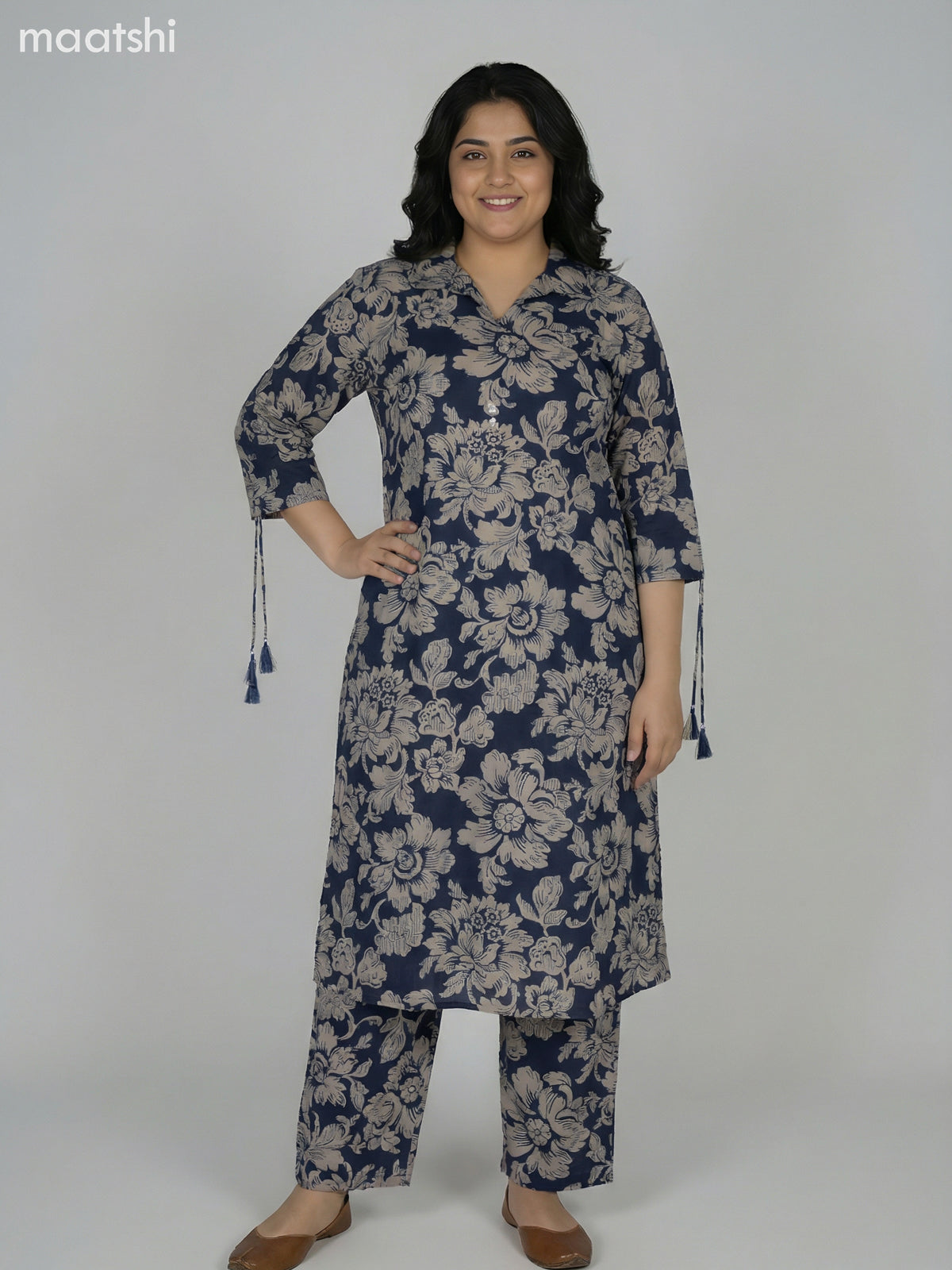 Blue and Beige Cotton Floral Printed Co-Ord Set Palazzo Pant