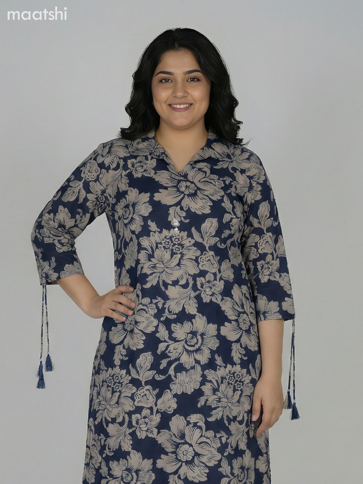 Blue and Beige Cotton Floral Printed Co-Ord Set Palazzo Pant